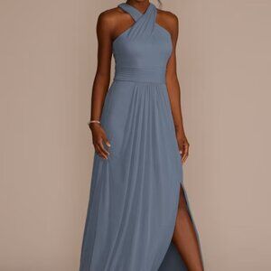 David’s Bridal Crisscross High-Neck Mesh Bridesmaid Dress in Steel Blue F19952